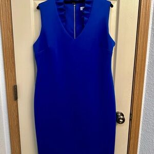 Calvin Klein blue dress seen on TV dry cleaned ruffle neck dress size 16
